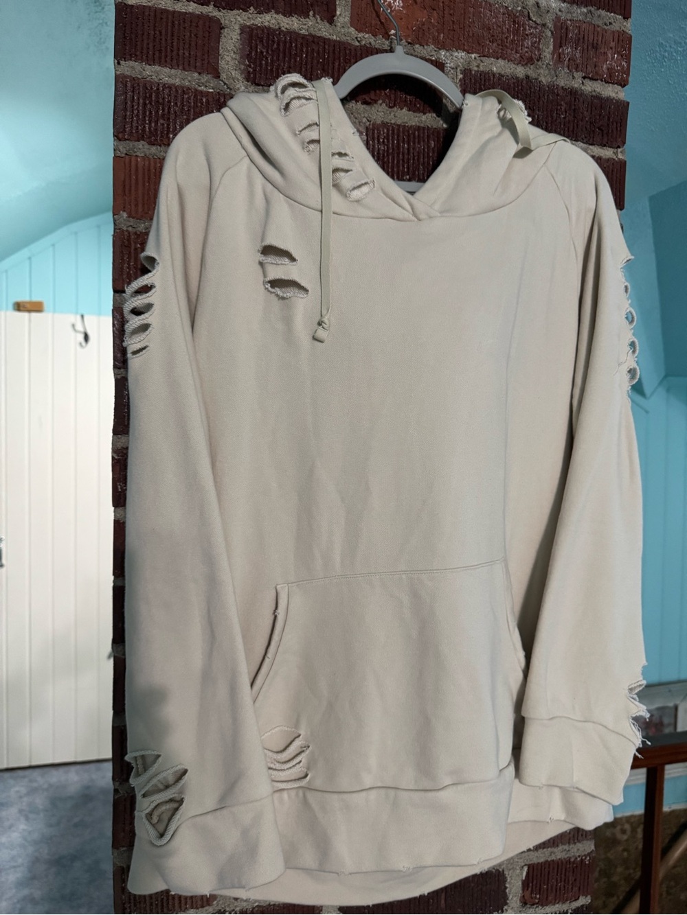 Distressed Cream Hoodie Sweatshirt with Cutout Details Chelsea DeBoer collab